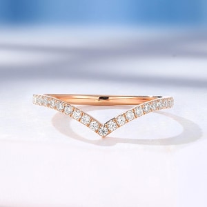 Classic Pave Diamond Curved Wedding Band, Rose Gold Chevron Band, Half Eternity Moissanite Wedding Band, Women Simple Ring, Anniversary Ring