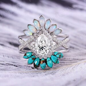 Anillo de compromiso vintage de moissanita, diseño retorcido, alianza curva de ópalo marquesa y turquesa, anillo de compromiso de oro de 14 quilates para mujer.
