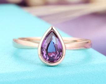 Amethyst engagement ring rose gold Solitaire wedding ring Unique Pear cut ring Anniversary valentines day bezel set Promise ring