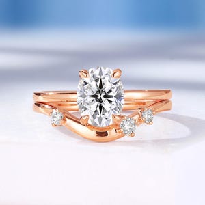 Classic Solitaire Moissanite Engagement Ring Set,14K Rose Gold Curved Band,Unique Asymmetrical Moissanite Wedding Band - Custom by HelloRing