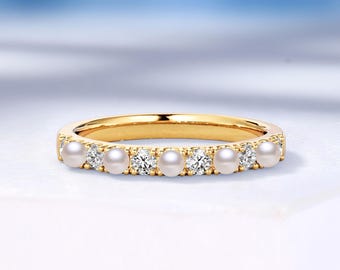 Classic Pearl and Moissanite Half Eternity Band, Yellow Gold Wedding Band, Custom Matching Anniversary Ring