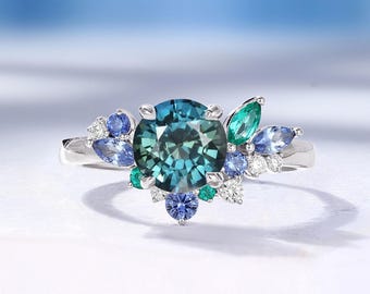 Vintage Teal Sapphire Engagement Ring, Cluster Lab Emerald and Diamond Ring, White Gold Proposal Ring, Custom Promise Ring for Women