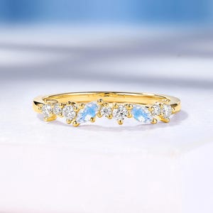 Moonstone and Moissanite Wedding Band, Solid Gold, Custom Stacking Birthstone Ring by HelloRing