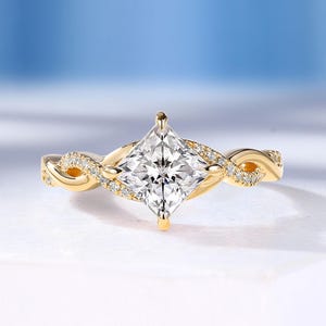 Princess Cut Lab Grown Diamond Engagement Ring, Diamond Twisted Band Ring, 18K Gold Wedding Promise Ring, Custom Fine Jewelry by HelloRing
