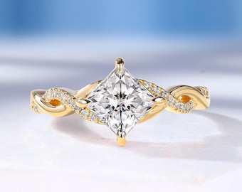 Princess Cut Lab Grown Diamond Engagement Ring, Diamond Twisted Band Ring, 18K Gold Wedding Promise Ring, Custom Fine Jewelry by HelloRing