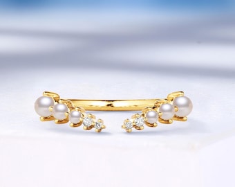 Natural Pearl & Diamond Open Wedding Band, Solid Gold Stackable Matching Ring, Custom Birthstone Ring