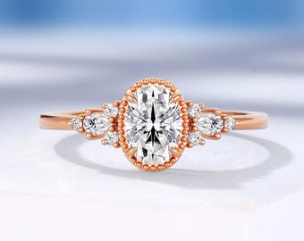 Vintage Oval Cut Moissanite Engagement Ring, Solid Gold, Handcrafted Milgrain Pomise Rings for Women by HelloRing