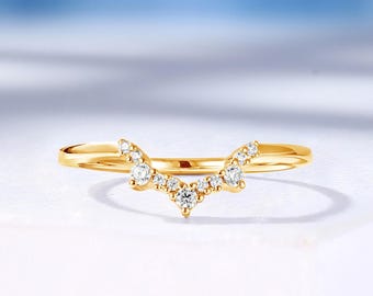 Moissanite Curved Wedding Band, 14K Yellow Gold U-shaped Ring, Matching Bridal Ring