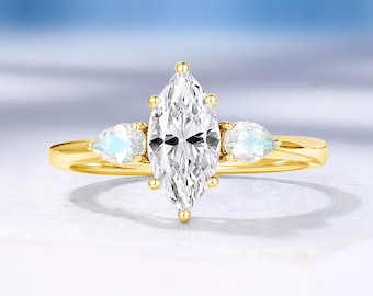 Custom Three Stone Engagement Ring, Moissanite and Moonstone Ring, Solid Yellow Gold Bridal Ring, Family Promise Ring by HelloRing