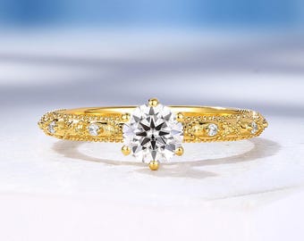 Vintage Solitaire Engagement Ring, Unique Milgrain Wedding Ring with Moissanite, Lab Grown Diamond Ring, Anniversary Promise Ring for Women