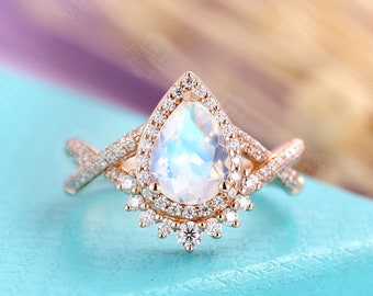 Pear shaped Moonstone engagement ring rose gold halo diamond moissanite band Art deco delicate ring twisted band Vintage Promise ring