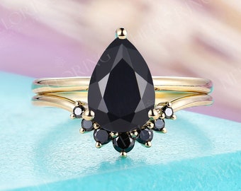 Black onyx pear shape engagement ring set Yellow gold bridal set Cluster black diamond wedding band Curved band Prong set ring Promise ring