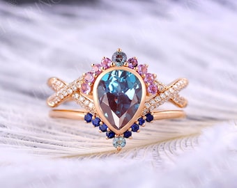 Pear Alexandrite Engagement ring set Rose gold , Vintage sapphire amethyst wedding ring,twisted diamond band,Anniversary Promise ring