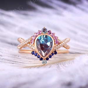 Anillo de compromiso de alejandrita en forma de pera en oro rosa, anillo de bodas vintage de amatista y zafiro, banda de diamantes trenzados, anillo de promesa de aniversario