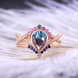 Pear Alexandrite Engagement ring set Rose gold , Vintage sapphire amethyst wedding ring,twisted diamond band,Anniversary Promise ring