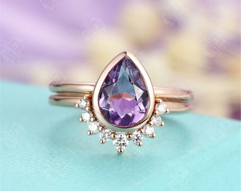 Amethyst Moonstone Opal London blue topaz engagement ring set Vintage Pear shaped Rose Gold wedding band Bridal ring Anniversary ring set