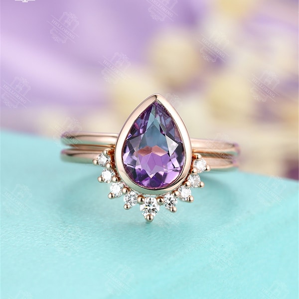 Amethyst Moonstone Opal London blue topaz engagement ring set Vintage Pear shaped Rose Gold wedding band Bridal ring Anniversary ring set