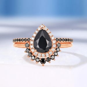 Vintage Pear Cut Black Onyx Engagement Ring, Half Eternity Band Ring, Halo Diamond Ring, Rose Gold Ring, Black Diamond Curved Wedding Band 10K Rose Gold