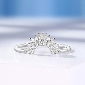 Vintage Diamond / CZ Curved Wedding Band, White Gold Baguette Matching Ring, Promise Anniversary Ring