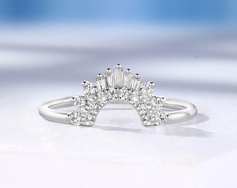 Vintage Diamond / CZ Curved Wedding Band, White Gold Baguette Matching Ring, Promise Anniversary Ring