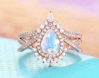 Vintage moonstone engagement ring set art deco wedding ring set rose gold ring Pear shaped Diamond Moissanite Twisted band engagement ring