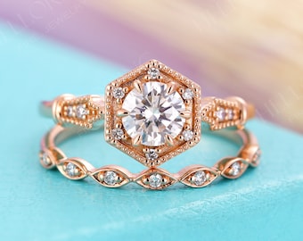 Moissanite Forever One Moissanite engagement ring set Rose gold engagement ring Vintage Diamond wedding Stacking Bridal Promise ring