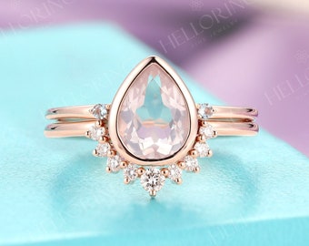 Rose quartz engagement ring Rose gold Diamond wedding band Curved Pear cut Art deco London blue topaz Bridal set Promise Anniversary ring