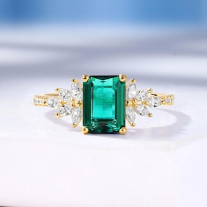 Emerald Engagement Ring: Half Eternity Moissanite Wedding Ring, 14K Gold Bridal Ring for Women by HelloRing