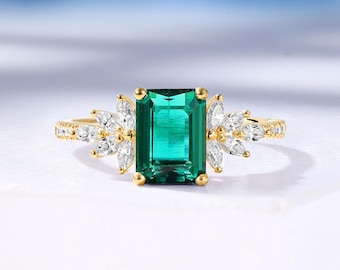 Emerald Engagement Ring: Half Eternity Moissanite Wedding Ring, 14K Gold Bridal Ring for Women by HelloRing