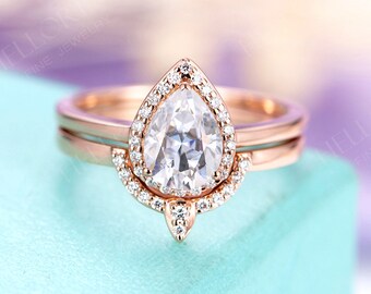 Moissanite Forever One Moissanite engagement ring Vintage Pear cut Halo Diamond Moissanite Wedding band Stacking Anniversary Promise ring