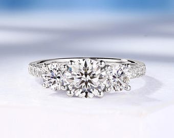 Three Stone Round Cut Moissanite Engagement Ring: Half Eternity Band, White Gold Wedding Ring, Custom Promise Ring