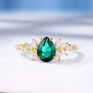 Pear Cut Emerald Bridal Ring: Half Eternity Moissanite Ring, 14K Gold Wedding Ring by HelloRing