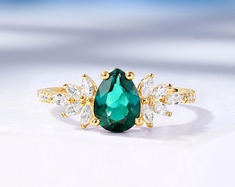 Pear Cut Emerald Bridal Ring: Half Eternity Moissanite Ring, 14K Gold Wedding Ring by HelloRing