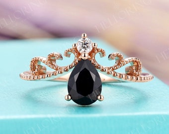 Art deco pear cut black onyx engagement ring Rose gold engagement ring prong set ring unique ring diamond ring milgrain ring Bridal Promise
