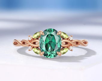 Nature-Inspired Lab Green Sapphire Engagement Ring with Peridot, Split Solid Gold Band, Twisted Branches Wedding Ring for Women by HelloRing