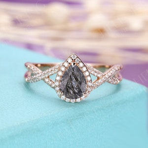 Pear shaped Black Rutilated Quartz engagement ring Vintage White gold halo diamond moissanite band twisted band Anniversary Promise ring