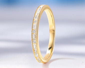Tiny Round & Baguette Cut Lab Grown Diamond Wedding Band, Custom Solid Gold Matching Ring for Women