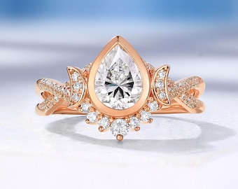 Pear Moissanite Engagement Ring, Double Moon Design Wedding Ring, Pave Diamond Twist Solid Rose Gold Ring, Custom Anniversary Ring for Women