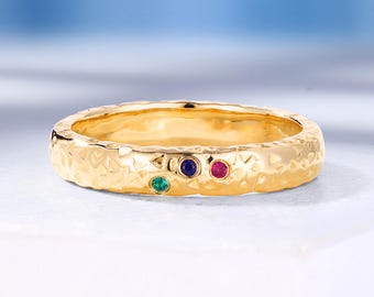 Personalized Birthstone Wedding Band, Lab Grown Sapphire, Ruby & Emerald, Custom Keepsake Ring for Women