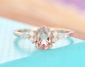 Vintage Pear morganite engagement ring Rose gold wedding ring marquise diamond moissanite Wedding band Anniversary Bridal ring Promise ring