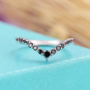 Vintage Black onyx black diamond wedding band for white gold Unique Bridal Curved wedding pincess cut band Anniversary Promise Simple ring