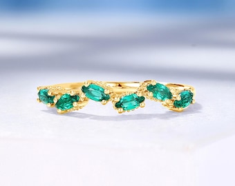 Lab Emerald Wedding Band: 14K Solid Gold Wave Design Band, Custom Birthstone Anniversary Ring