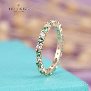 Emerald wedding band Women Diamond Moissanite full Eternity ring Micro Pave Dainty Stacking Matching ring Anniversary Promise ring