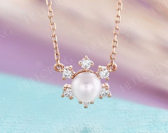 Dainty Akoya Pearl Necklace rose gold charm chain vintage round cut Moissanite Pendant Necklace snowflake necklace unique Christmas gift