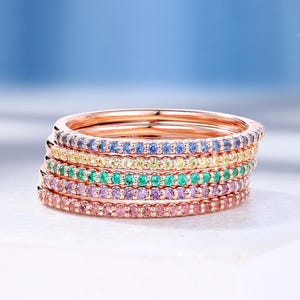 Colored Gemstones Half Eternity Wedding Band, 14K Gold Ring, Stackable Anniversary Ring by HelloRing