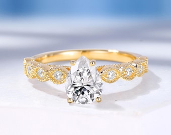 Vintage Lab Grown Diamond Engagement Ring,18K Solid Gold Milgrain Band Ring,Custom Gemstone Wedding Ring,Promise Rings for Women - HelloRing
