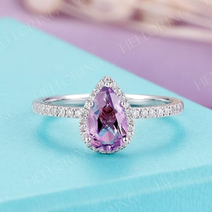 Vintage Amethyst Engagement Ring White gold wedding ring moissanite diamond half eternity band Halo ring Bridal Delicate anniversary ring