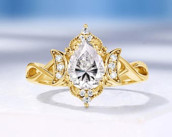 Vintage Pear Moissanite Engagement Ring, Cluster Double Moon Design Ring, Twist Solid Gold Ring, Custom Proposal Promise Ring for Women