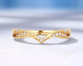 Vintage Twist Curved Wedding Band, Pave Moissanite Half Eternity Band, Women's Solid Gold Band, Custom Stacking Matching Ring, Promise Ring