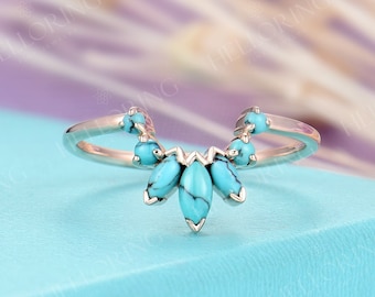 Turquoise Curved wedding band Marquise cut round cut turquoise rose gold ring women Unique matching stacking Promise Anniversary birthstone